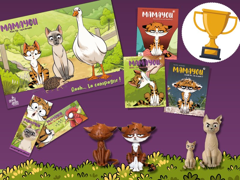 Les lots à gagner : les albums Mamayou, l'affiche du tome 3, des marque-pages, les figurines de Mamayou et de Badass, et une coupe