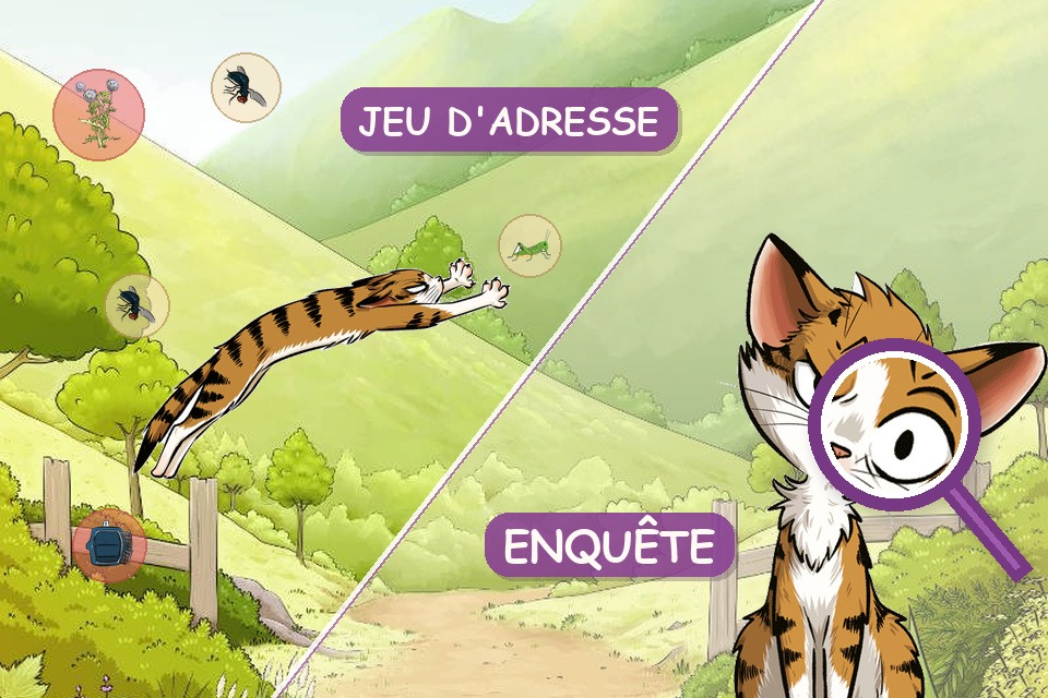 Les deux mini-jeux Mamayou : le jeu d'adresse où Mamayou bondit pour attraper les insectes, et l'enquête à la ferme