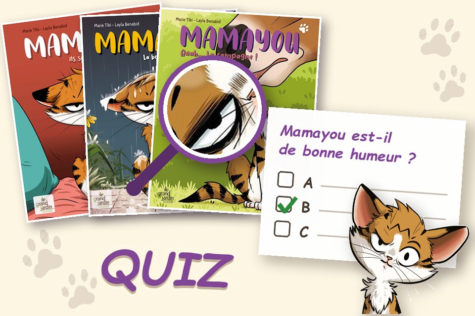 Le quiz des couvertures : les trois albums Mamayou en éventail, une loupe posée sur le visage du tome 3